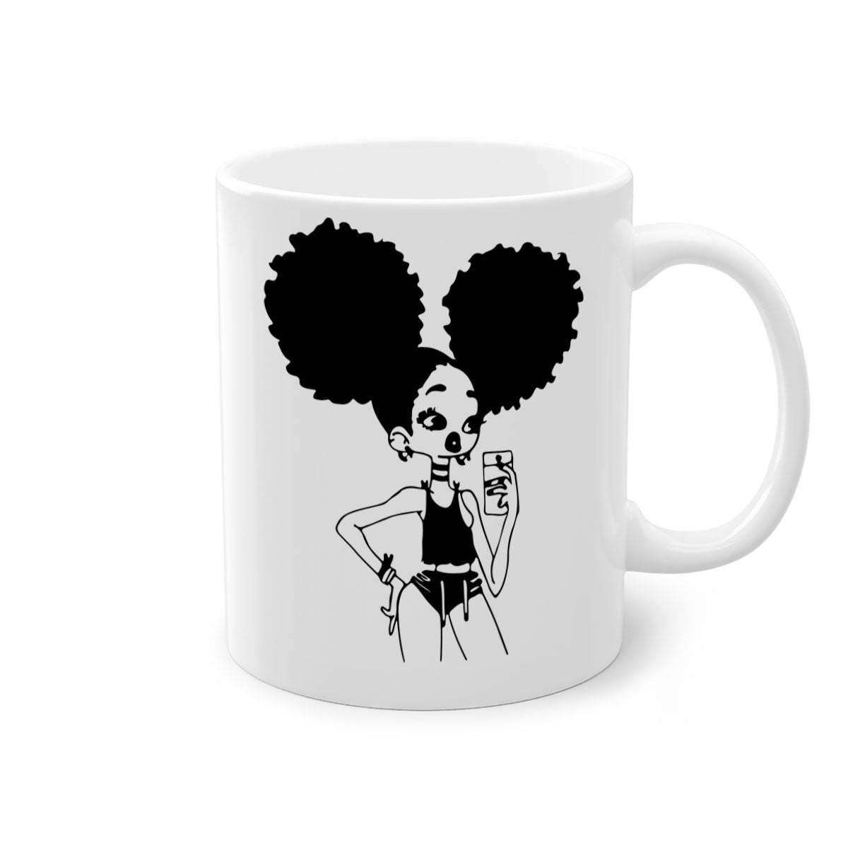 A stylish two-tone coffee mug featuring a black girl taking a mirror selfie, showcasing a glossy finish and colored handle.