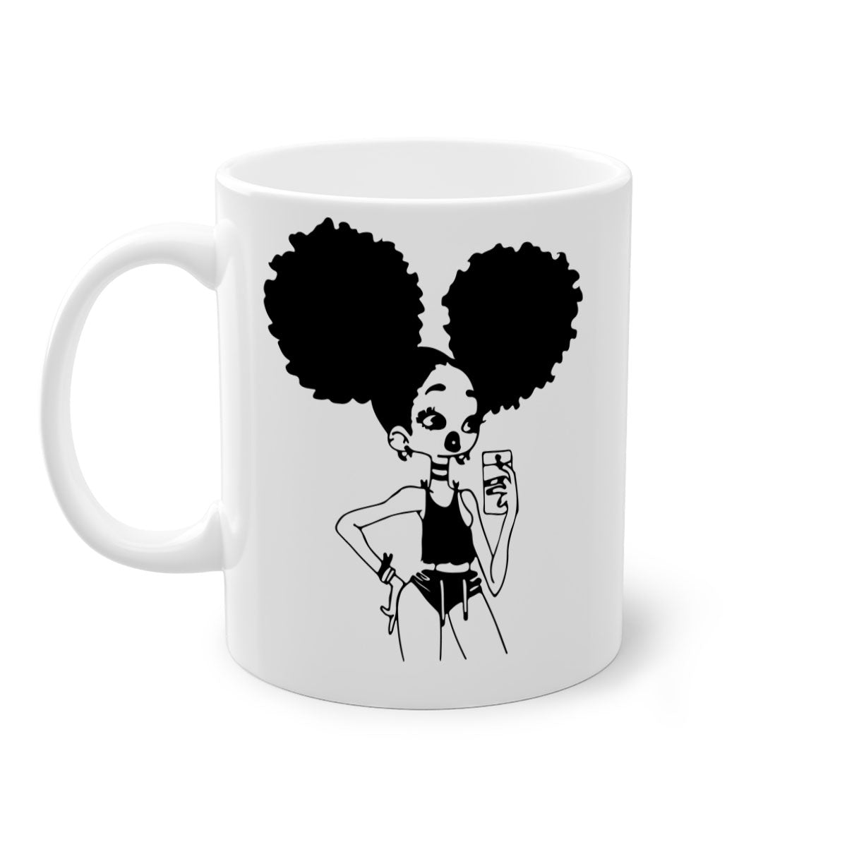 A stylish two-tone coffee mug featuring a black girl taking a mirror selfie, showcasing a glossy finish and colored handle.