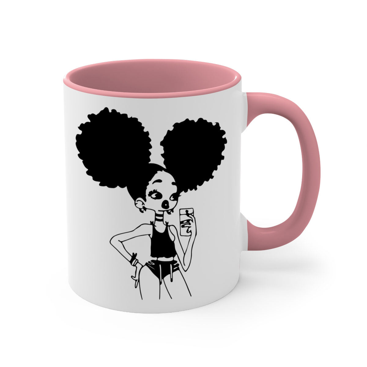 A stylish two-tone coffee mug featuring a black girl taking a mirror selfie, showcasing a glossy finish and colored handle.