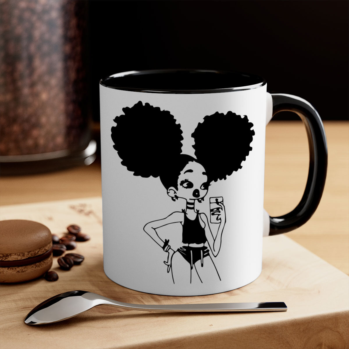 A stylish two-tone coffee mug featuring a black girl taking a mirror selfie, showcasing a glossy finish and colored handle.