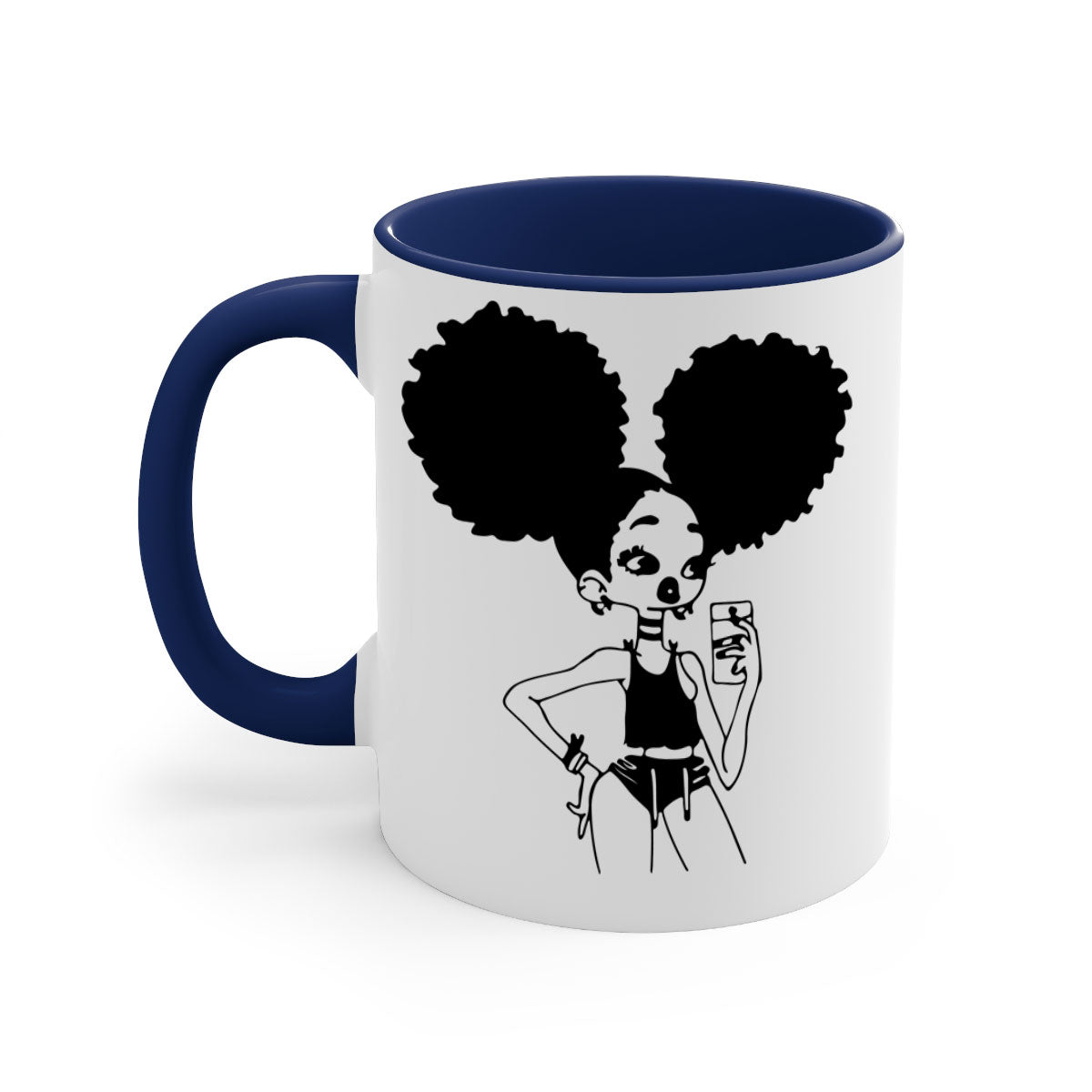 A stylish two-tone coffee mug featuring a black girl taking a mirror selfie, showcasing a glossy finish and colored handle.