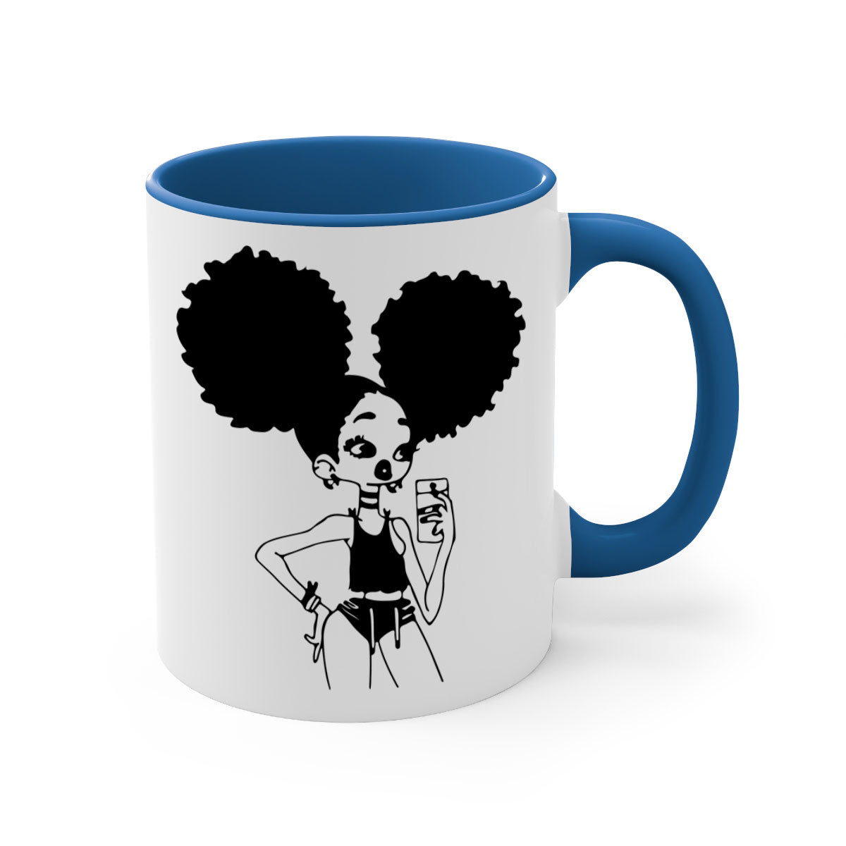 A stylish two-tone coffee mug featuring a black girl taking a mirror selfie, showcasing a glossy finish and colored handle.