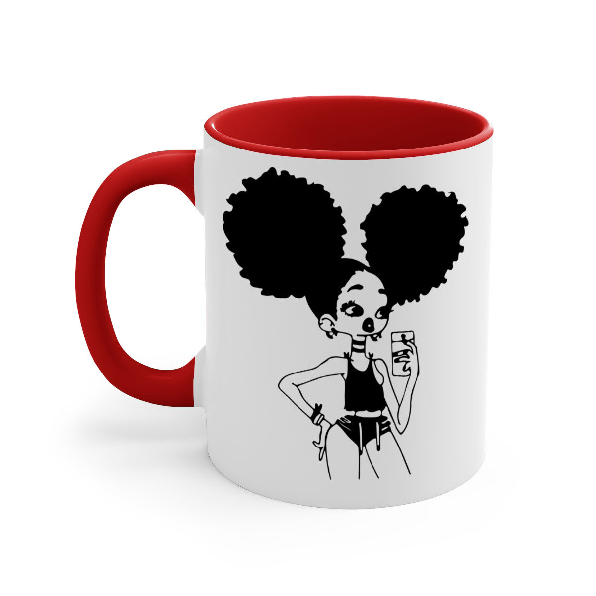 A stylish two-tone coffee mug featuring a black girl taking a mirror selfie, showcasing a glossy finish and colored handle.