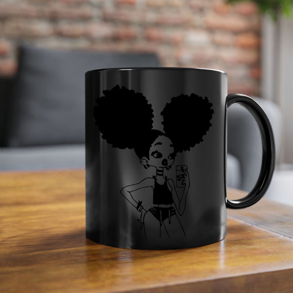 A stylish two-tone coffee mug featuring a black girl taking a mirror selfie, showcasing a glossy finish and colored handle.