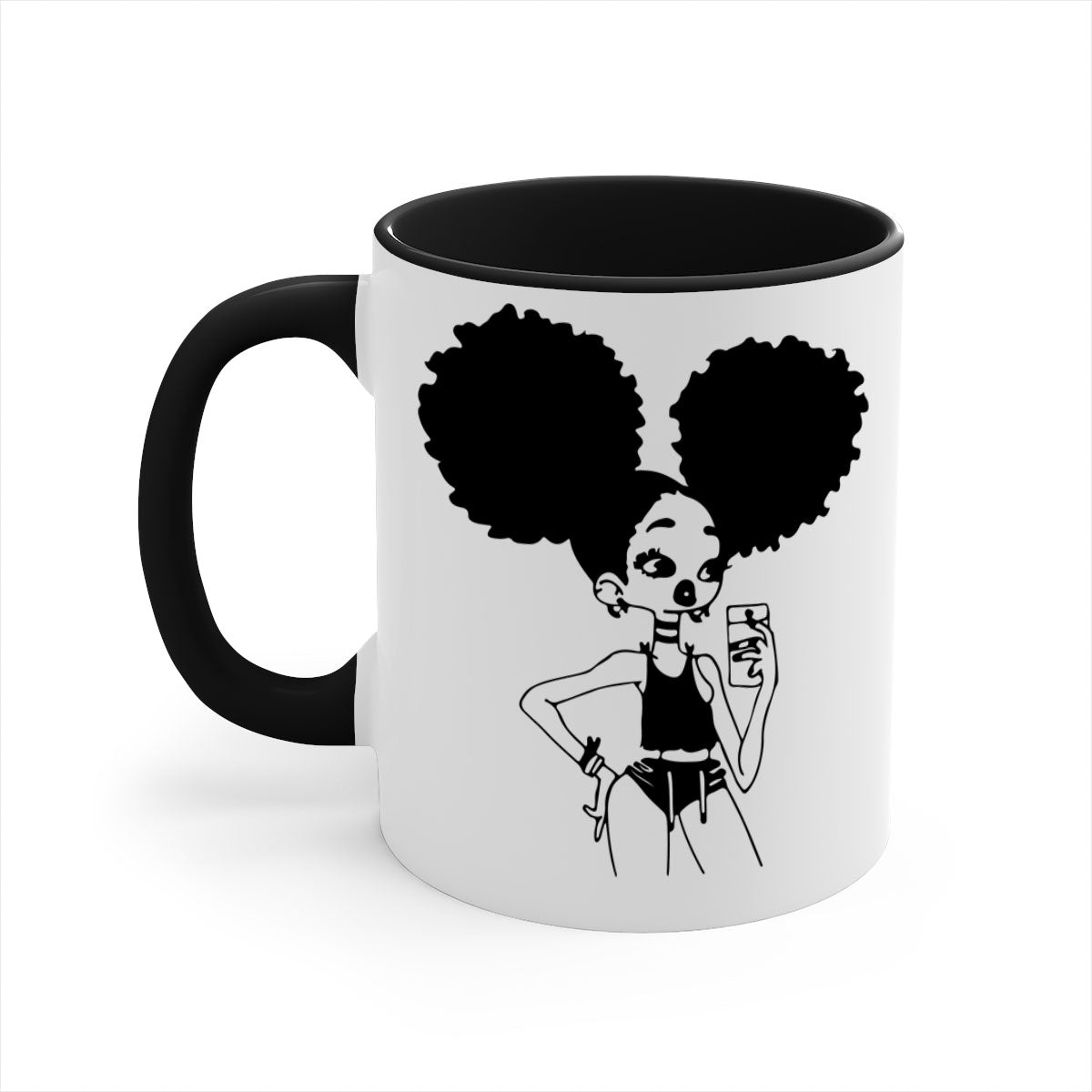 A stylish two-tone coffee mug featuring a black girl taking a mirror selfie, showcasing a glossy finish and colored handle.