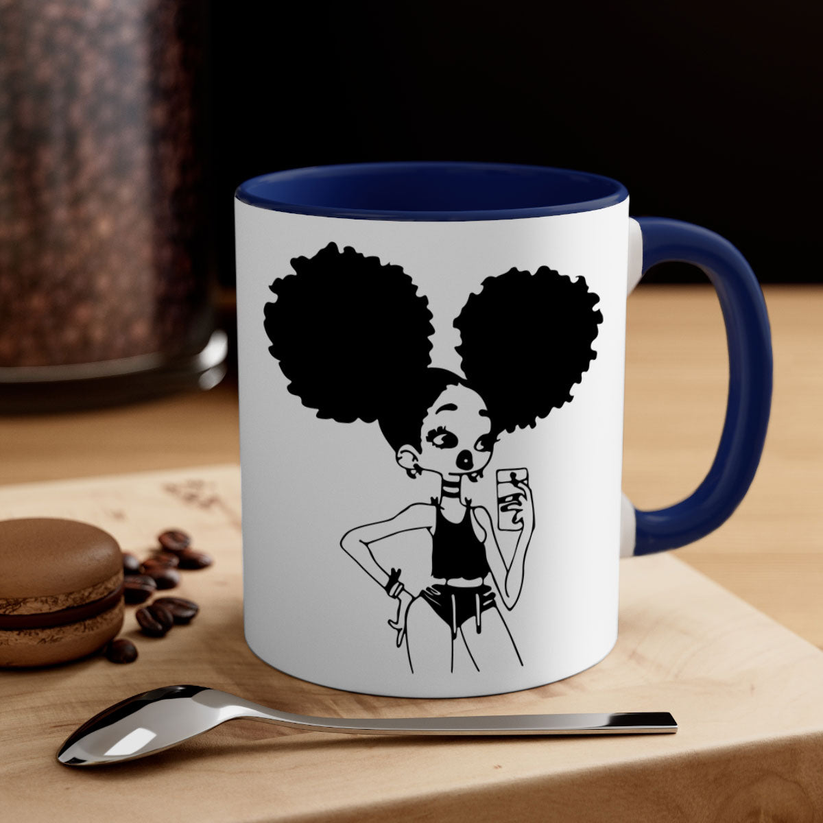 A stylish two-tone coffee mug featuring a black girl taking a mirror selfie, showcasing a glossy finish and colored handle.