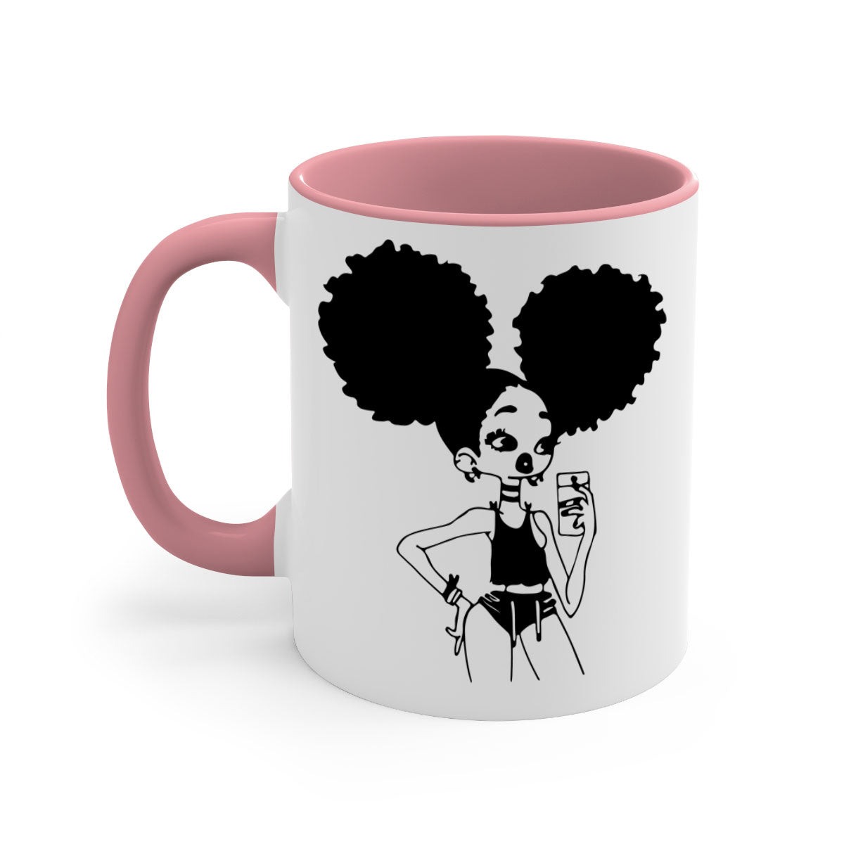 A stylish two-tone coffee mug featuring a black girl taking a mirror selfie, showcasing a glossy finish and colored handle.