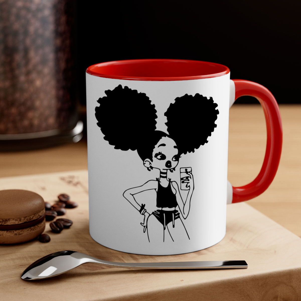 A stylish two-tone coffee mug featuring a black girl taking a mirror selfie, showcasing a glossy finish and colored handle.