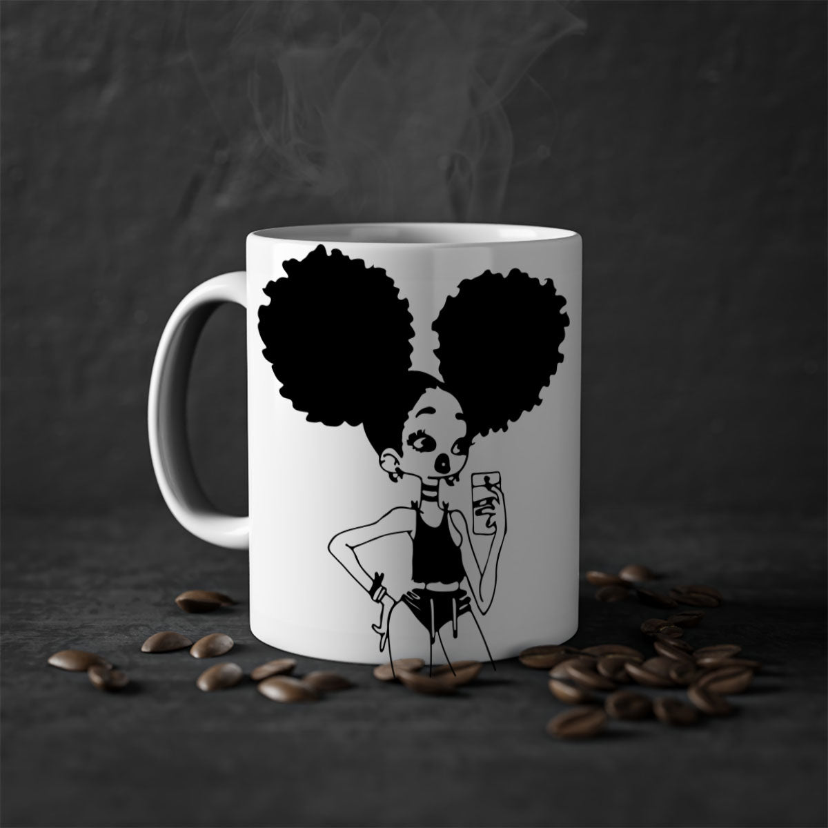 A stylish two-tone coffee mug featuring a black girl taking a mirror selfie, showcasing a glossy finish and colored handle.