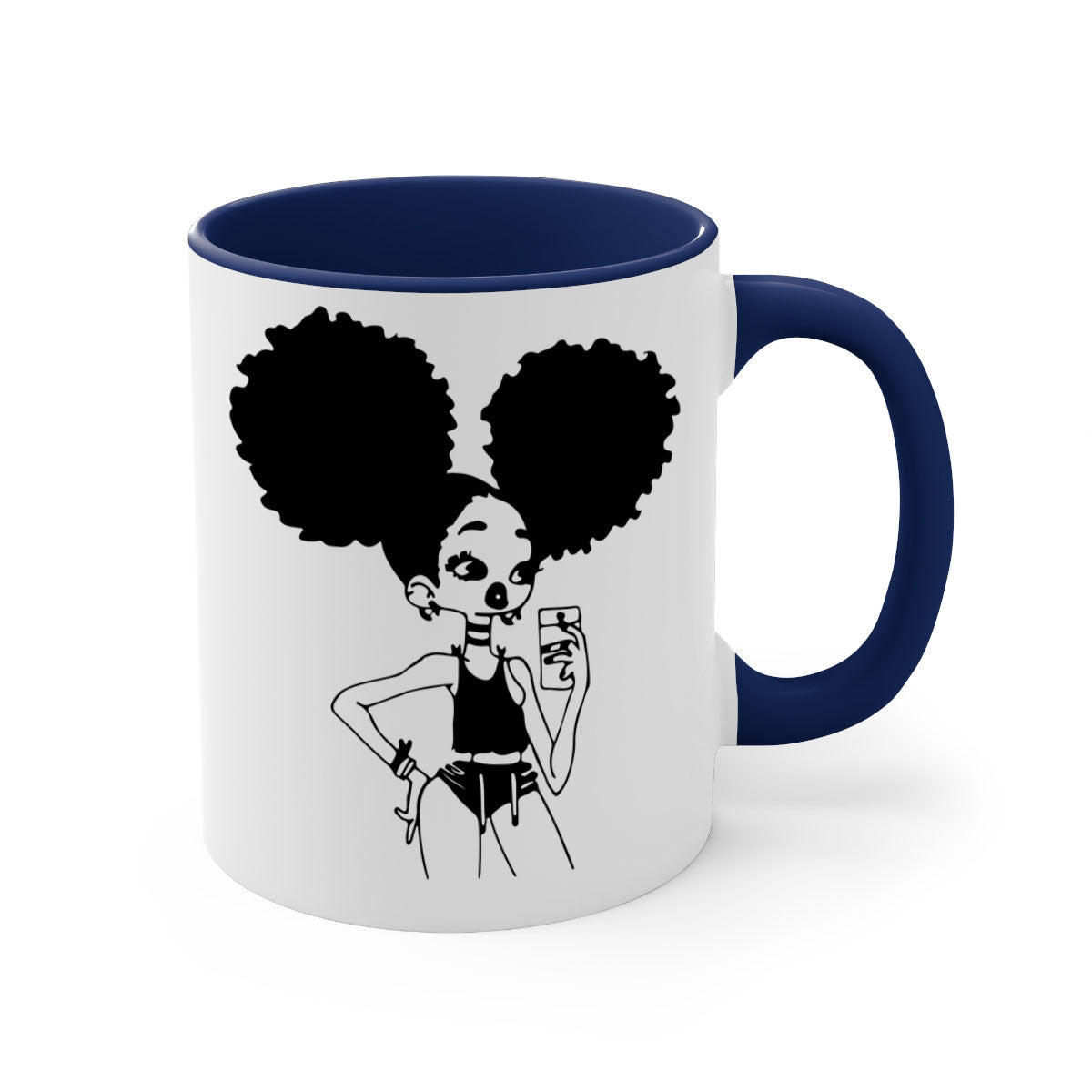 A stylish two-tone coffee mug featuring a black girl taking a mirror selfie, showcasing a glossy finish and colored handle.