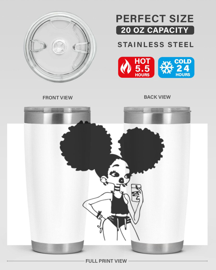 A stylish tumbler featuring a black girl taking a mirror selfie, showcasing its sleek design and vibrant colors.