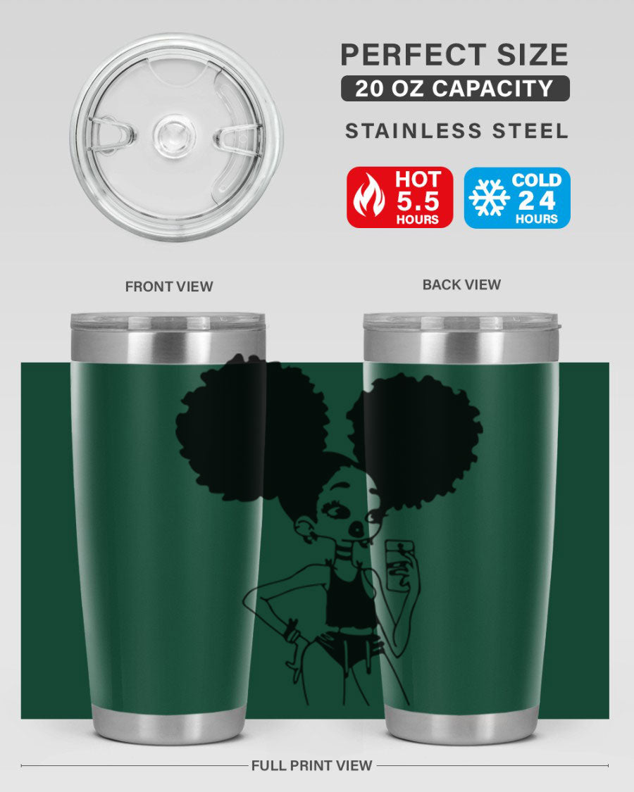 A stylish tumbler featuring a black girl taking a mirror selfie, showcasing its sleek design and vibrant colors.