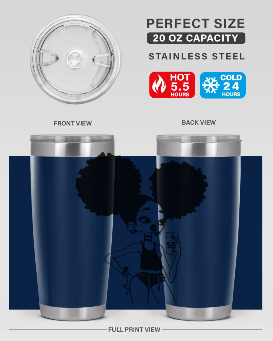 A stylish tumbler featuring a black girl taking a mirror selfie, showcasing its sleek design and vibrant colors.