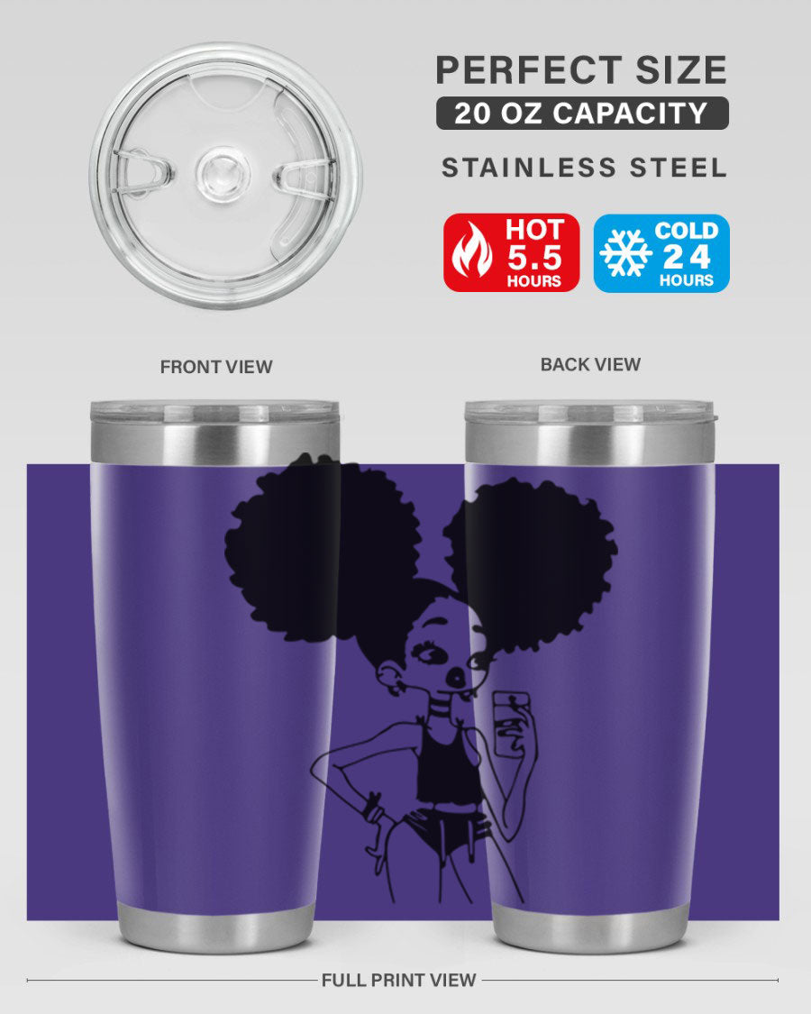 A stylish tumbler featuring a black girl taking a mirror selfie, showcasing its sleek design and vibrant colors.