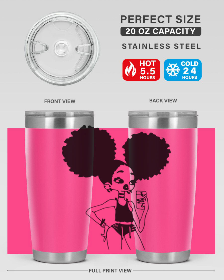 A stylish tumbler featuring a black girl taking a mirror selfie, showcasing its sleek design and vibrant colors.