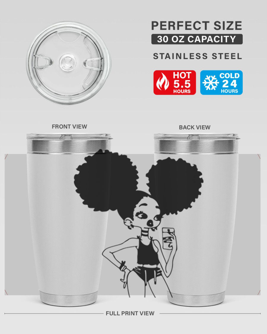 A stylish tumbler featuring a black girl taking a mirror selfie, showcasing its sleek design and vibrant colors.