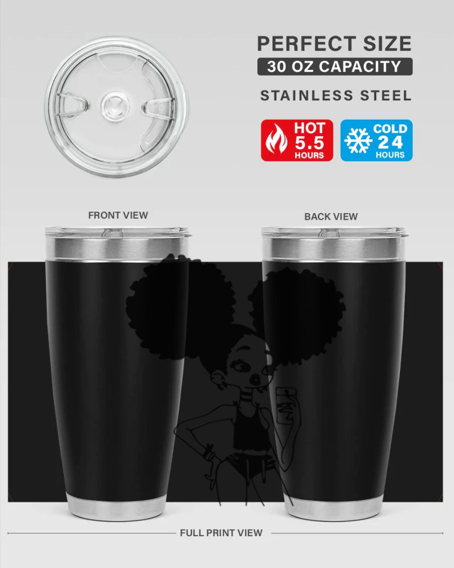 A stylish tumbler featuring a black girl taking a mirror selfie, showcasing its sleek design and vibrant colors.