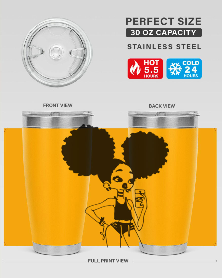 A stylish tumbler featuring a black girl taking a mirror selfie, showcasing its sleek design and vibrant colors.