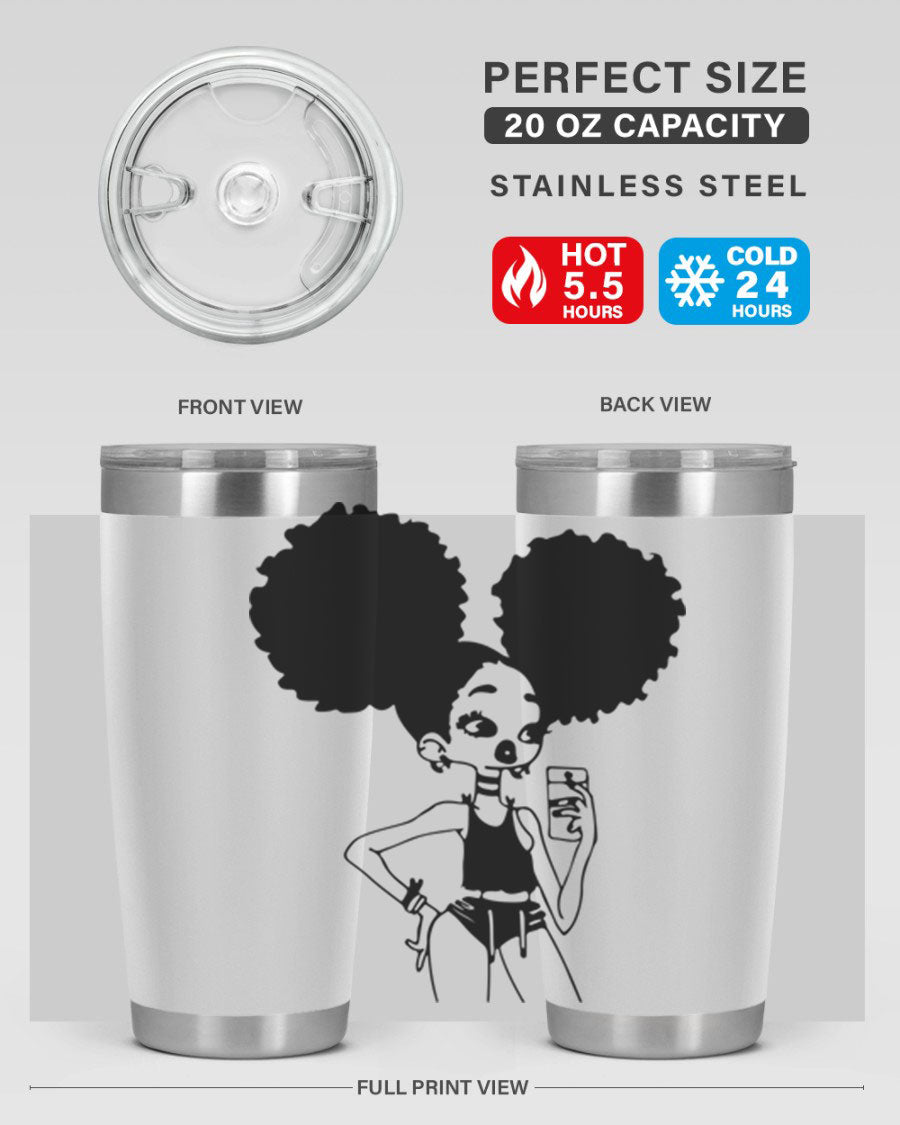 A stylish tumbler featuring a black girl taking a mirror selfie, showcasing its sleek design and vibrant colors.