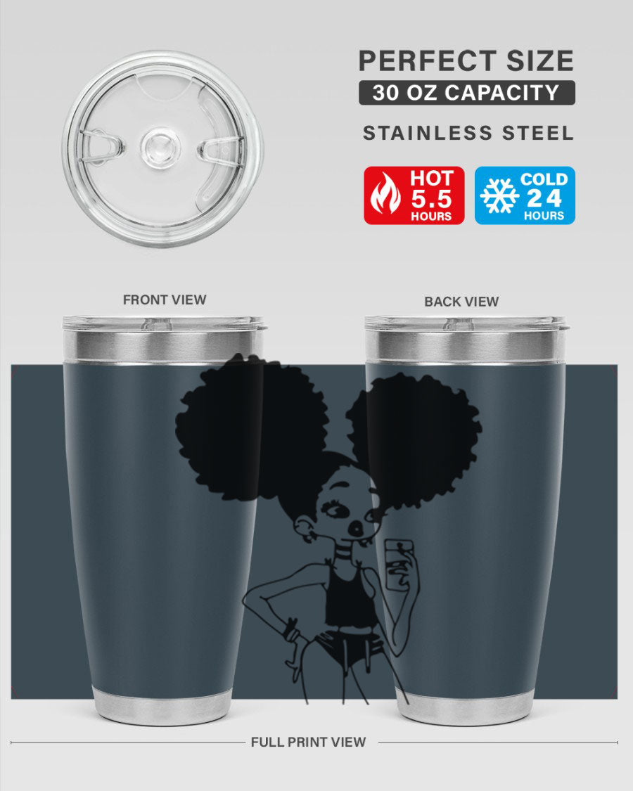 A stylish tumbler featuring a black girl taking a mirror selfie, showcasing its sleek design and vibrant colors.