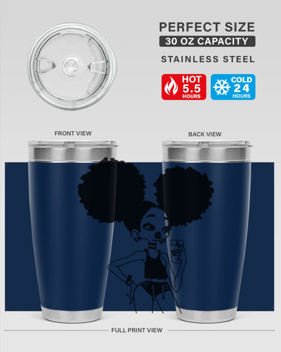 A stylish tumbler featuring a black girl taking a mirror selfie, showcasing its sleek design and vibrant colors.