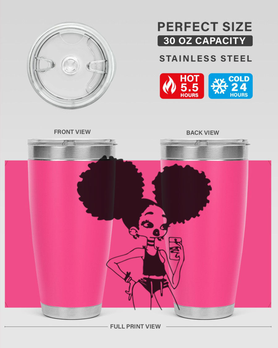 A stylish tumbler featuring a black girl taking a mirror selfie, showcasing its sleek design and vibrant colors.