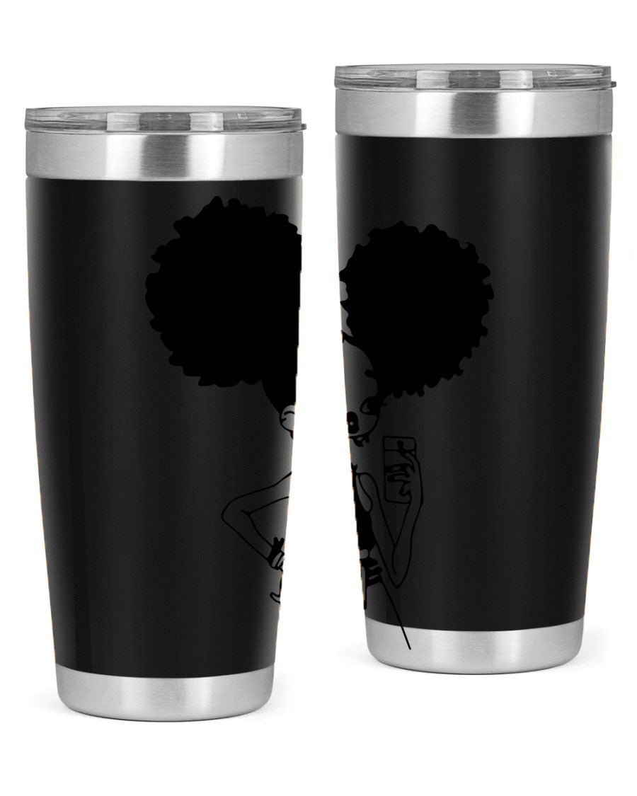 A stylish tumbler featuring a black girl taking a mirror selfie, showcasing its sleek design and vibrant colors.