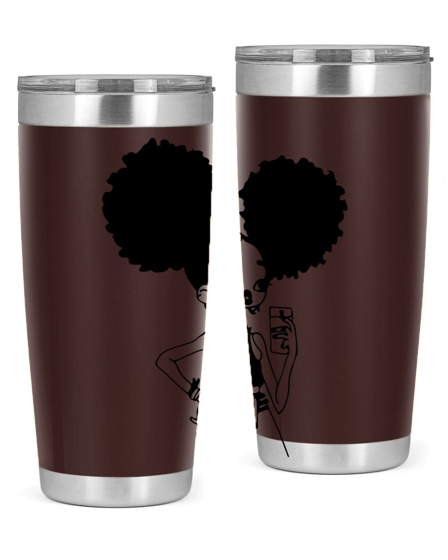 A stylish tumbler featuring a black girl taking a mirror selfie, showcasing its sleek design and vibrant colors.