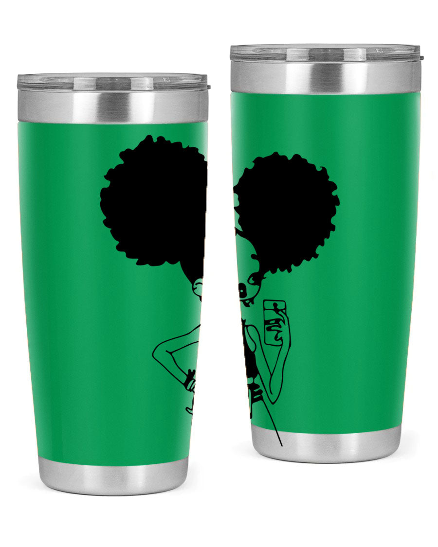 A stylish tumbler featuring a black girl taking a mirror selfie, showcasing its sleek design and vibrant colors.