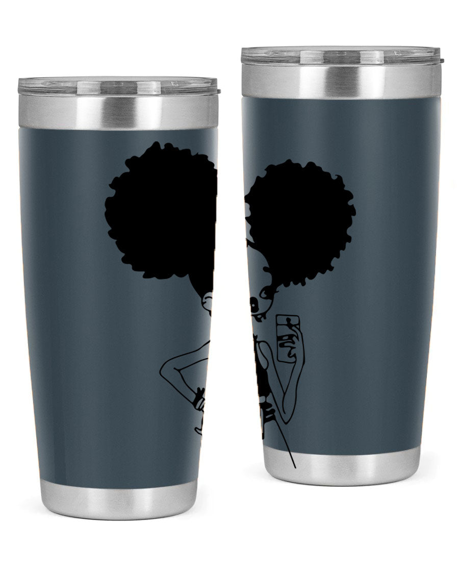 A stylish tumbler featuring a black girl taking a mirror selfie, showcasing its sleek design and vibrant colors.