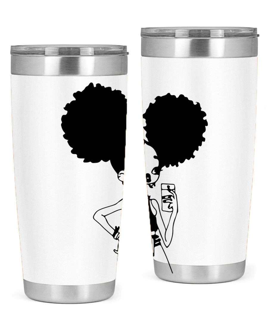 A stylish tumbler featuring a black girl taking a mirror selfie, showcasing its sleek design and vibrant colors.