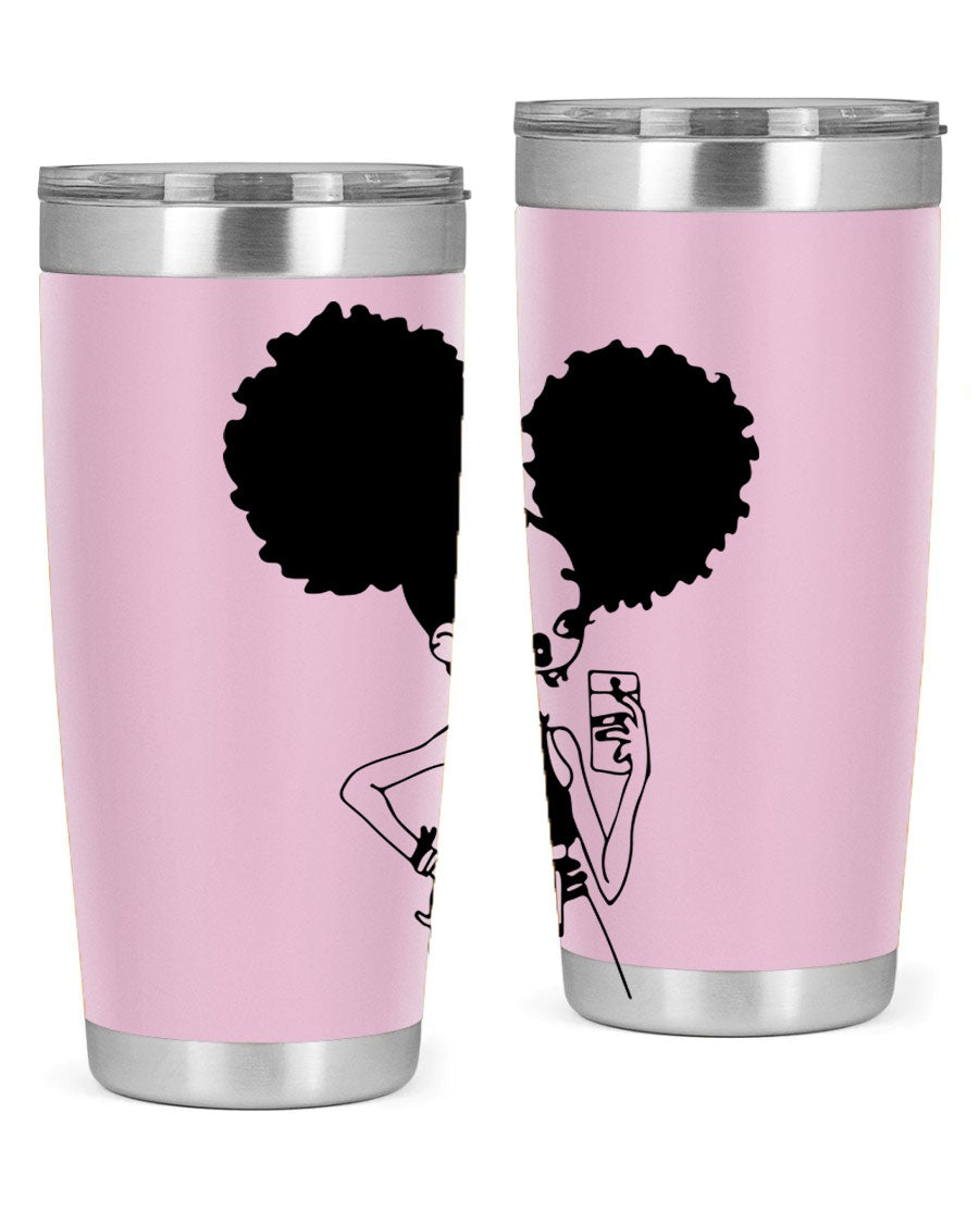 A stylish tumbler featuring a black girl taking a mirror selfie, showcasing its sleek design and vibrant colors.