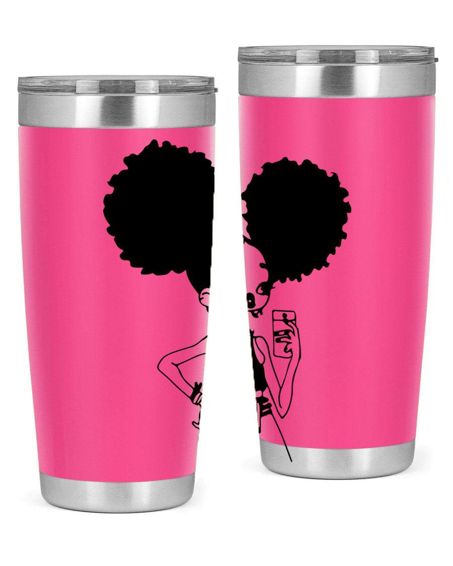 A stylish tumbler featuring a black girl taking a mirror selfie, showcasing its sleek design and vibrant colors.