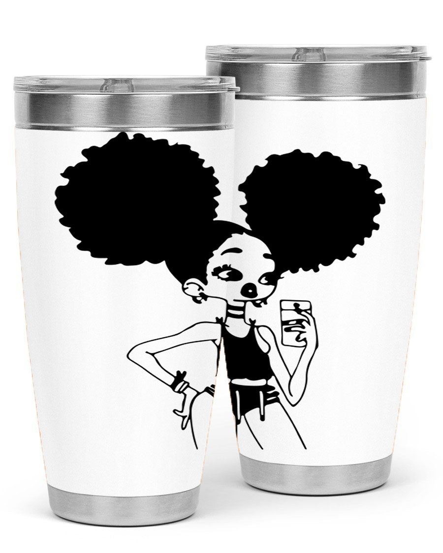 A stylish tumbler featuring a black girl taking a mirror selfie, showcasing its sleek design and vibrant colors.