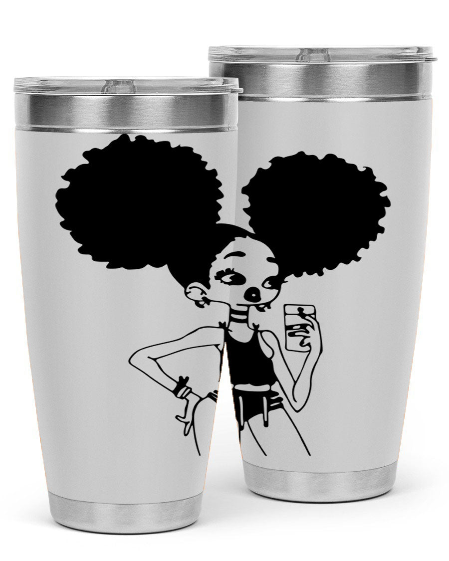 A stylish tumbler featuring a black girl taking a mirror selfie, showcasing its sleek design and vibrant colors.