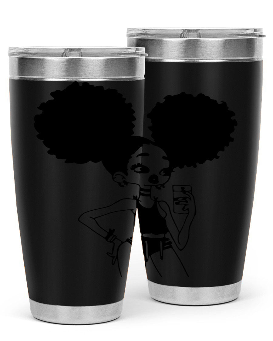 A stylish tumbler featuring a black girl taking a mirror selfie, showcasing its sleek design and vibrant colors.