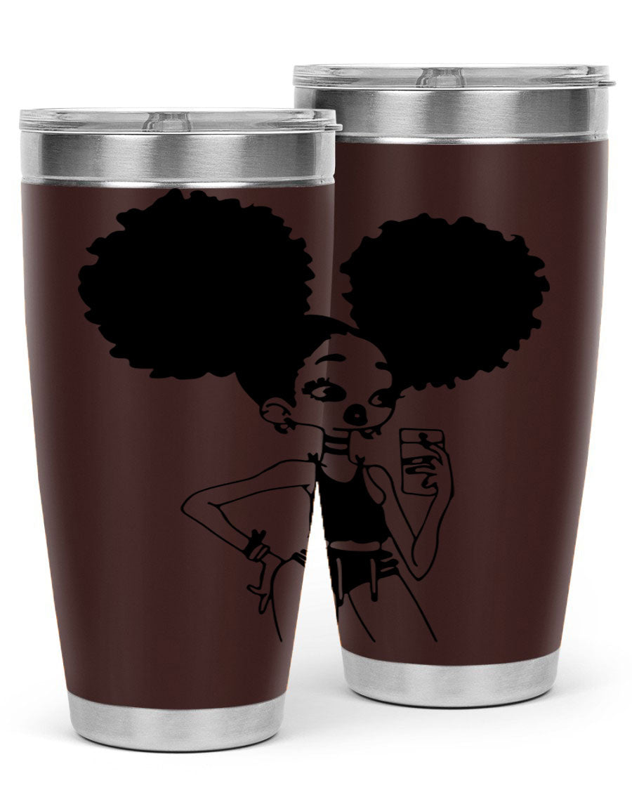 A stylish tumbler featuring a black girl taking a mirror selfie, showcasing its sleek design and vibrant colors.