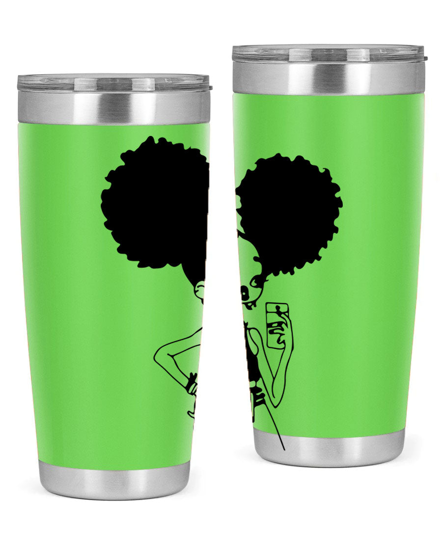 A stylish tumbler featuring a black girl taking a mirror selfie, showcasing its sleek design and vibrant colors.