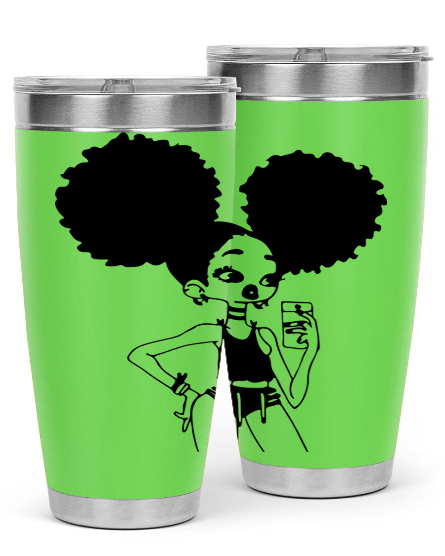 A stylish tumbler featuring a black girl taking a mirror selfie, showcasing its sleek design and vibrant colors.