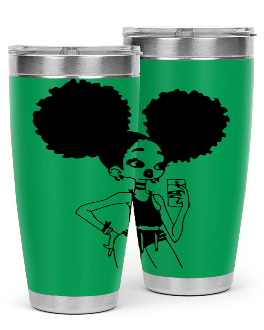 A stylish tumbler featuring a black girl taking a mirror selfie, showcasing its sleek design and vibrant colors.