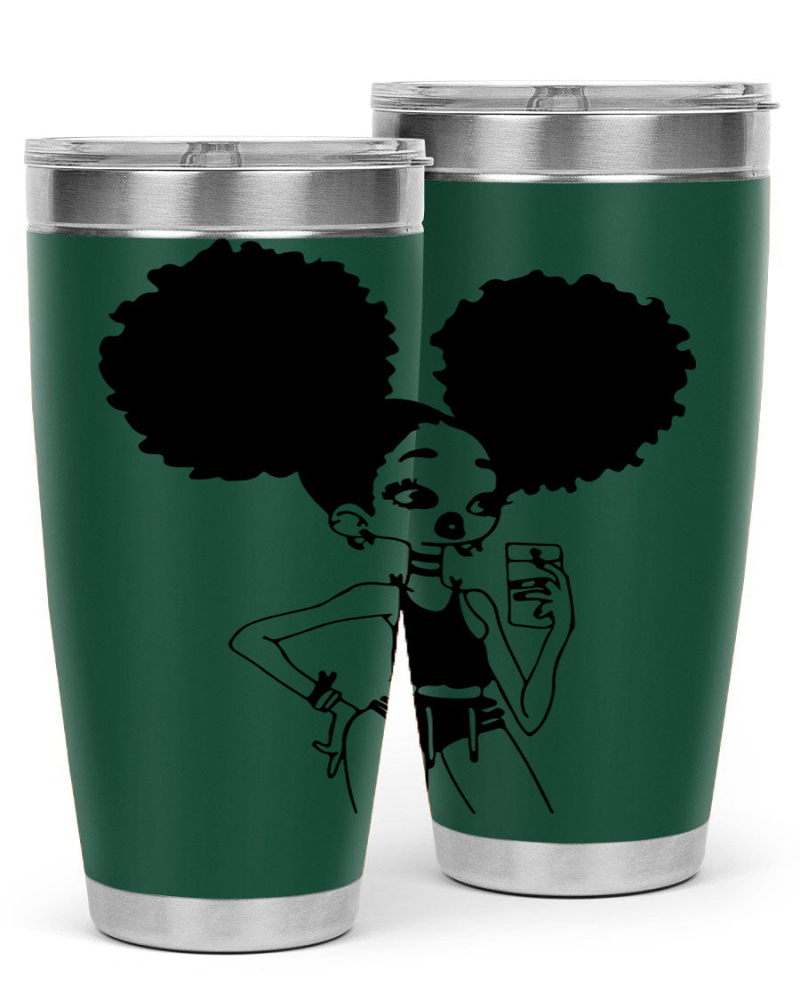 A stylish tumbler featuring a black girl taking a mirror selfie, showcasing its sleek design and vibrant colors.