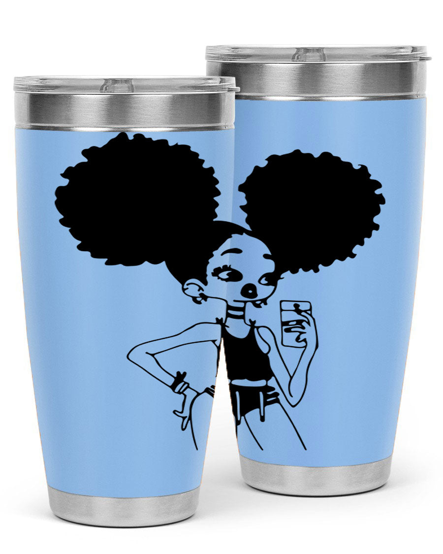 A stylish tumbler featuring a black girl taking a mirror selfie, showcasing its sleek design and vibrant colors.