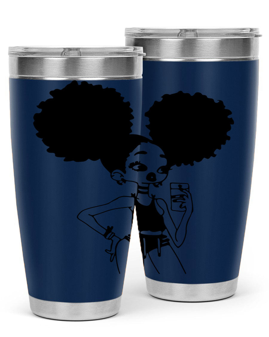 A stylish tumbler featuring a black girl taking a mirror selfie, showcasing its sleek design and vibrant colors.