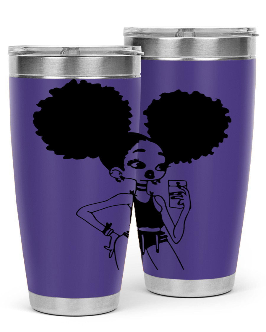 A stylish tumbler featuring a black girl taking a mirror selfie, showcasing its sleek design and vibrant colors.