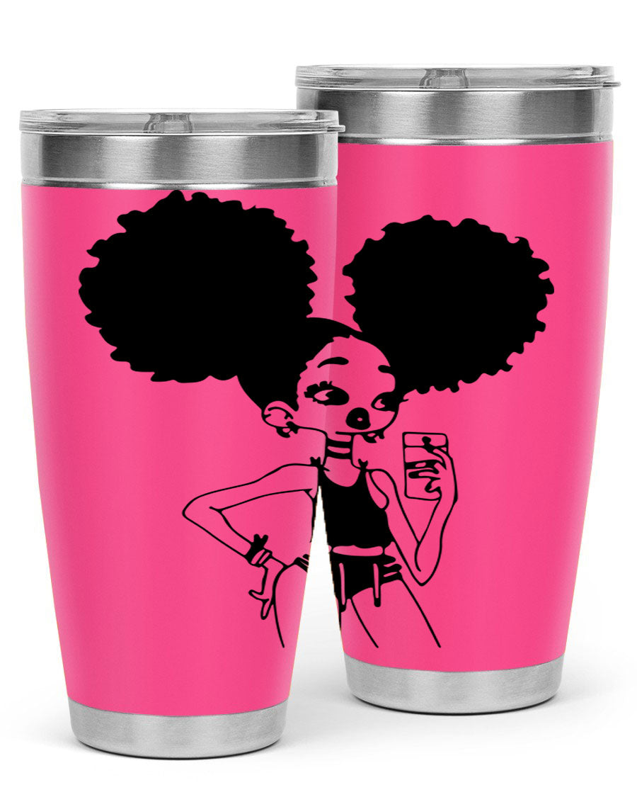 A stylish tumbler featuring a black girl taking a mirror selfie, showcasing its sleek design and vibrant colors.