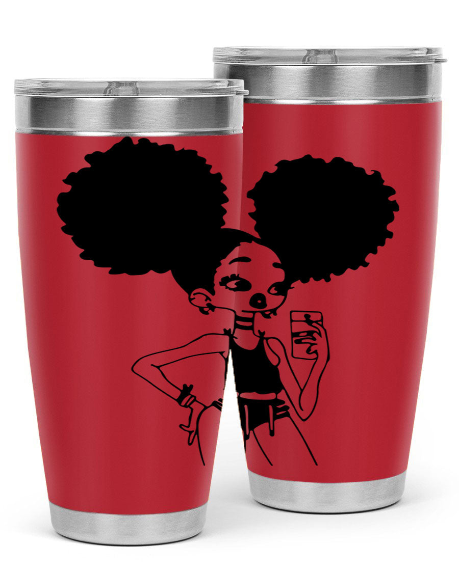 A stylish tumbler featuring a black girl taking a mirror selfie, showcasing its sleek design and vibrant colors.