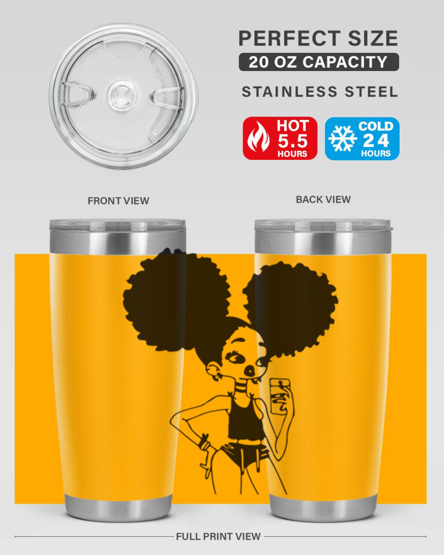 A stylish tumbler featuring a black girl taking a mirror selfie, showcasing its sleek design and vibrant colors.