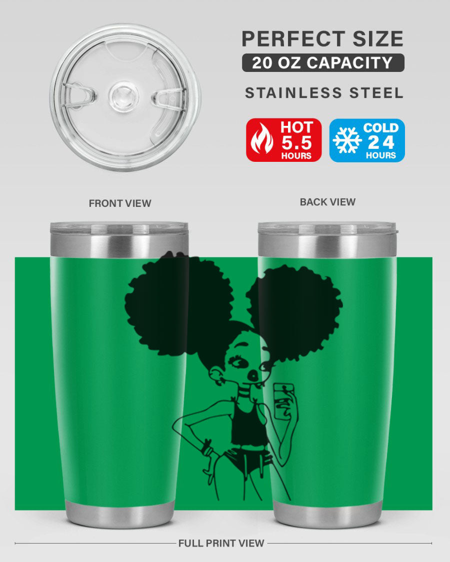 A stylish tumbler featuring a black girl taking a mirror selfie, showcasing its sleek design and vibrant colors.