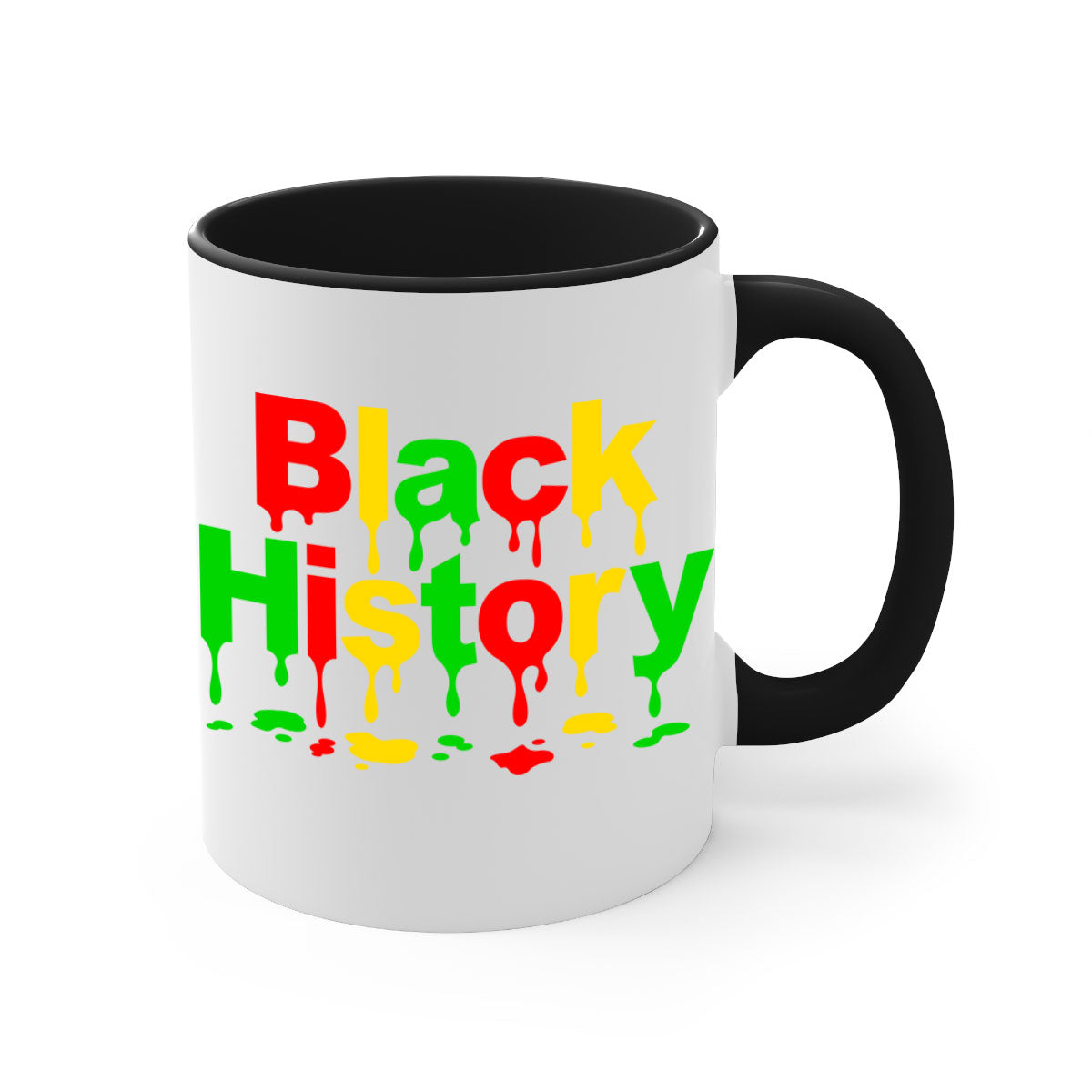 Black History Drip 241# Mug with colorful handle and interior, showcasing a glossy finish and C-shaped handle design.