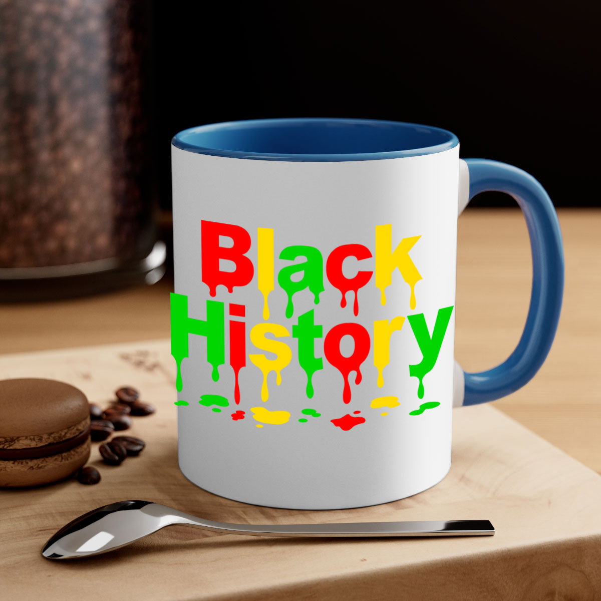 Black History Drip 241# Mug with colorful handle and interior, showcasing a glossy finish and C-shaped handle design.